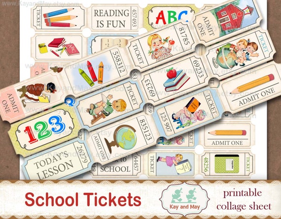 SCHOOL theme printable ticket strips, vintage, school, retro, junk journal, embellishments, school scrapbook, digital download KM-34 Il_570xn