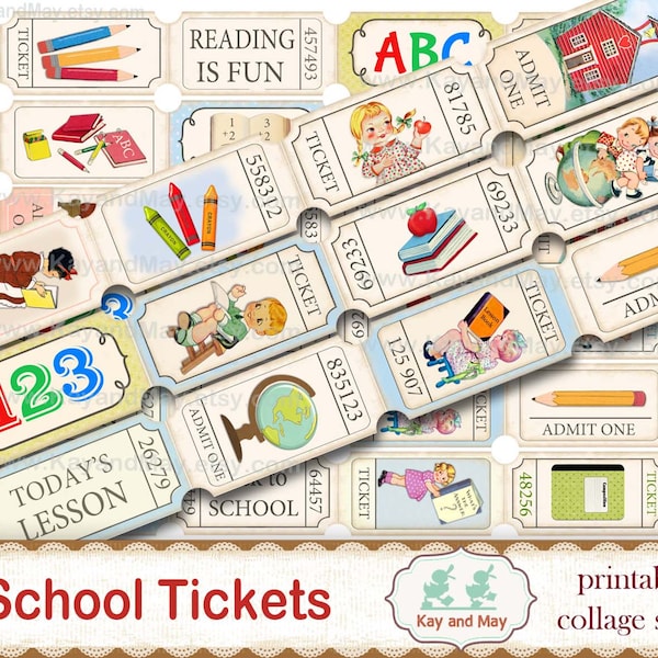 SCHOOL theme printable ticket strips, vintage, school, retro, junk journal, embellishments, school scrapbook, digital download KM-34