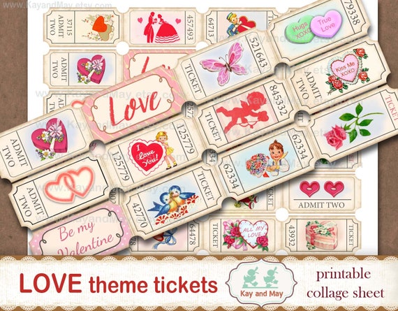VALENTINE tickets, printable collage sheet of ticket strips, vintage retro journal embellishments, digital instant download KM-88 Il_570xn