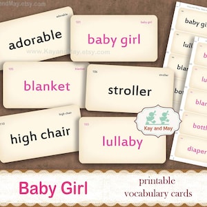 BABY GIRL palabras de tarjetas de vocabulario, tarjetas de palabras imprimibles, tarjetas de vocabulario para bebés, tarjetas de diario, descarga instantánea de KayandMay KM-116