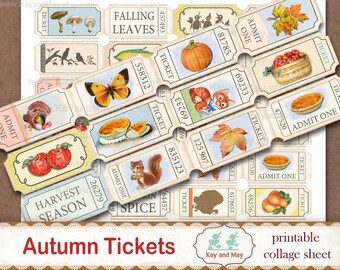 AUTUMN tickets, printable collage sheet of ticket strips, vintage retro FALL season journal embellishments, digital instant download KM-81