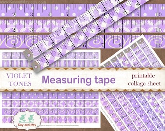 VIOLET TONES measuring tape, printable collage sheet, vintage sewing theme junk journal embellishments, digital instant download KM-67