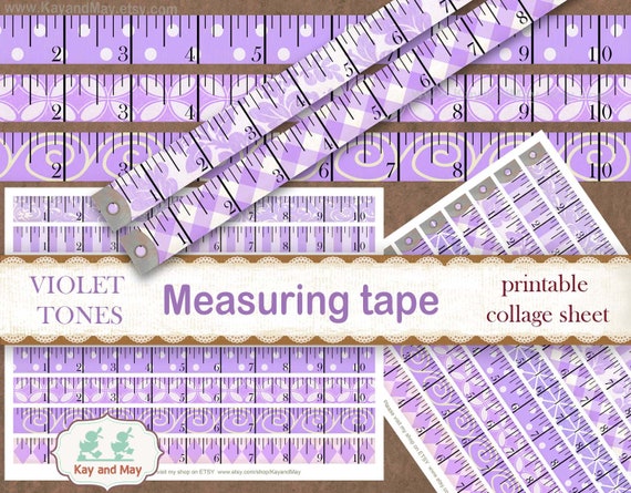 VIOLET TONES measuring tape, printable collage sheet, vintage sewing theme junk journal embellishments, digital instant download KM-67 Il_570xn