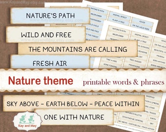 NATURE theme printable words & phrases, nature lover junk journal words, paper craft embellishments, digital instant download KM-59
