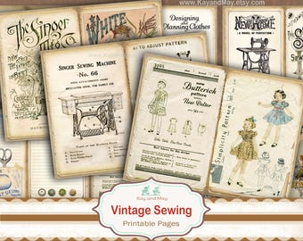 Vintage printable Sewing Ephemera Junk Journal Pages (Digital Download KM-129)