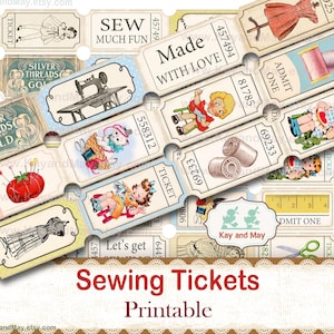 Sewing Tickets Vintage retro style printable journal embellishments (Digital Download)
