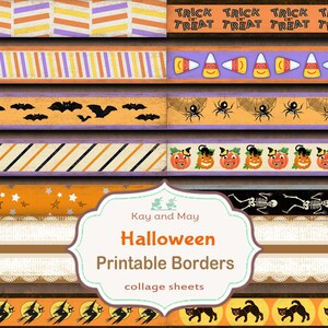Puede incluir: Una colección de bordes imprimibles con temática de Halloween. Los bordes presentan murciélagos, arañas, calabazas, caramelos de maíz y el texto "Trick or Treat". Los bordes son de color naranja, morado y negro.