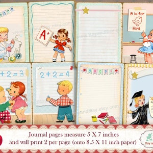 May include: A set of eight printable journal pages featuring vintage illustrations of children in a classroom setting. The pages are designed to print two per page on 8.5 x 11 inch paper. The pages feature illustrations of children learning science, math, and the alphabet. The pages are perfect for scrapbooking, journaling, or card making.