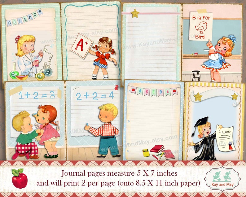 May include: A set of eight printable journal pages featuring vintage illustrations of children in a classroom setting. The pages are designed to print two per page on 8.5 x 11 inch paper. The pages feature illustrations of children learning science, math, and the alphabet. The pages are perfect for scrapbooking, journaling, or card making.
