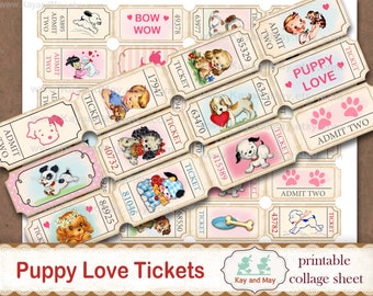 PUPPY LOVE printable collage sheet of ticket strips, puppy dog theme vintage retro journal embellishments, digital instant download KM-92