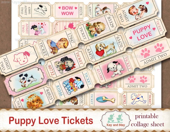 PUPPY LOVE printable collage sheet of ticket strips, puppy dog theme vintage retro journal embellishments, digital instant download KM-92 Il_570xn