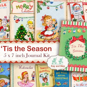 CHRISTMAS Junk Journal Kit - Retro Vintage Christmas Journal Pages - Digital Printable Santa Claus, Reindeer - Instant Download KM-36