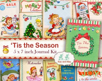 CHRISTMAS Junk Journal Kit - Retro Vintage Christmas Journal Pages - Digital Printable Santa Claus, Reindeer - Instant Download KM-36