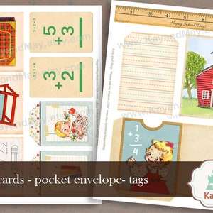 May include: Printable set of school-themed cards, tags, and pocket envelopes. The set includes images of a school bag, a chalkboard, a girl holding an apple, a schoolhouse, and math problems. The text "Happy School Days" is on a ruler. The text "cards - pocket envelope - tags" is on a brown banner. The text "Kay and May" is on a blue banner with two ducks.