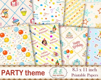 PARTY theme digital paper pack, birthday party printable papers, retro craft papers, junk journal pages, KayandMay, instant download KM-99