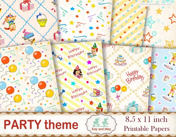 PARTY theme digital paper pack, birthday party printable papers, retro craft papers, junk journal pages, KayandMay, instant download KM-99 Il_570xn
