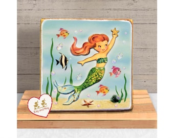 Mermaid with Starfish Summer decor vintage style wood block sign retro Shelf Sitter WB-253