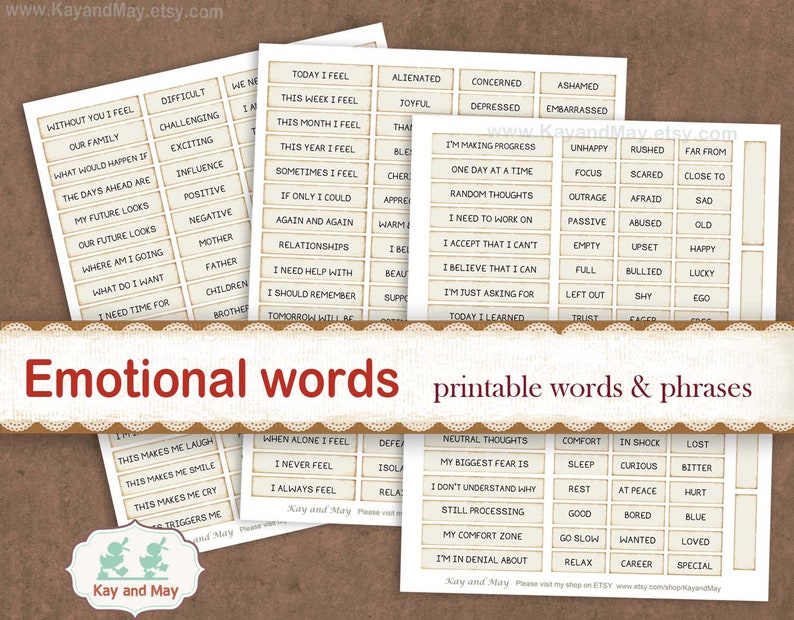 EMOTIONS & FEELINGS printable words, journal of thoughts, diary words, self awareness, relationship journal, digital instant download KM-61 image 2