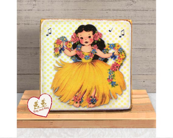 Tropical Island themed Home Decor Hula Girl wooden block shelf sitter sign WB-9