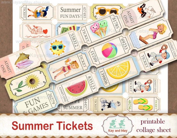 SUMMER tickets, printable collage sheet of ticket strips, vintage retro summer theme journal embellishments, digital instant download KM-75 Il_570xn