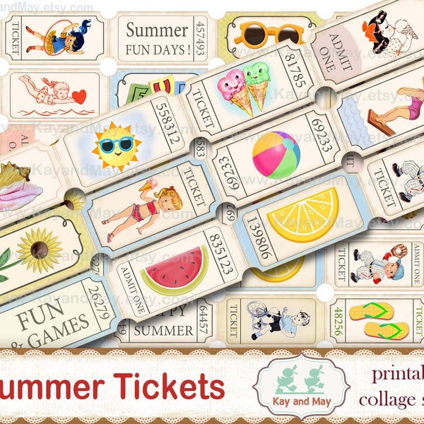 SUMMER tickets, printable collage sheet of ticket strips, vintage retro summer theme journal embellishments, digital instant download KM-75