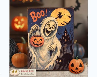 Spooky Skeleton Ghost black cat retro Halloween vintage style shelf sitter sign decor PL-129