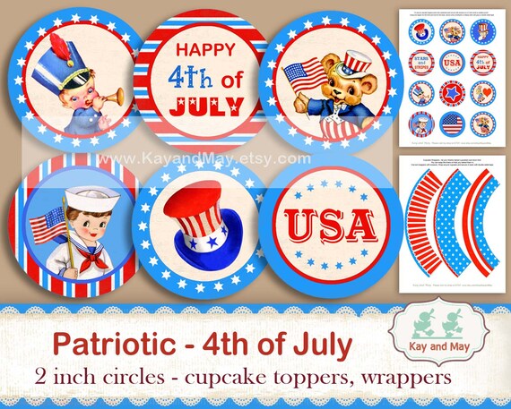 PATRIOTIC printable cupcake toppers, cupcake wrappers, tags, circles - 4th of July collage sheet, summer party, instant download KM-106 Il_570xn