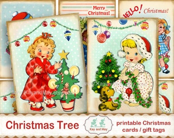 CHRISTMAS KIDS,  boys and girls decorating Christmas trees, cute Christmas children, printable cards gift tags, instant download KM-17
