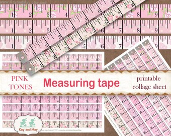 PINK TONES measuring tape, printable collage sheet, vintage sewing theme junk journal embellishments, rulers, instant download KM-64