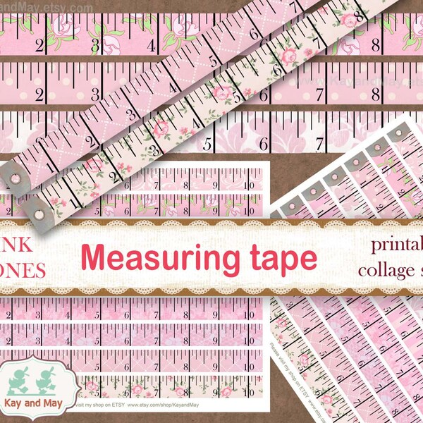 PINK TONES measuring tape, printable collage sheet, vintage sewing theme junk journal embellishments, rulers, instant download KM-64