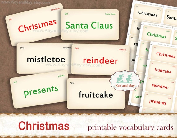 CHRISTMAS vocabulary flashcards, printable Christmas junk journal word cards, Christmas paper craft, KayandMay instant download KM-120 Il_570xn