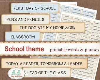 SCHOOL journal words, printable words & phrases, school themed paper crafts, back to school, graduation, scrapbooking instant download KM-54
