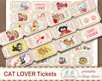 CAT LOVER afdrukbare collage blad van ticketstrips, kitten kitty thema vintage retro dagboek versieringen, digitale instant download KM-93