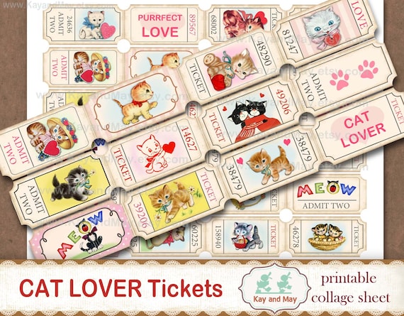 CAT LOVER printable collage sheet of ticket strips, kitten kitty theme vintage retro journal embellishments, digital instant download KM-93 Il_570xn