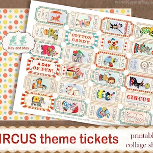 CIRCUS tickets, printable collage sheet of ticket strips, vintage retro circus journal embellishments, digital instant download KM-101 image 2