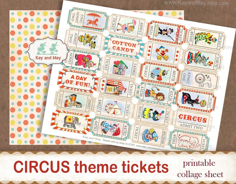 CIRCUS tickets, printable collage sheet of ticket strips, vintage retro circus journal embellishments, digital instant download KM-101 image 2