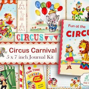 CIRCUS junk journal kit, carnival junk journal kit, circus journal pages, carnival journal pages, clowns, KayandMay digital download KM-137