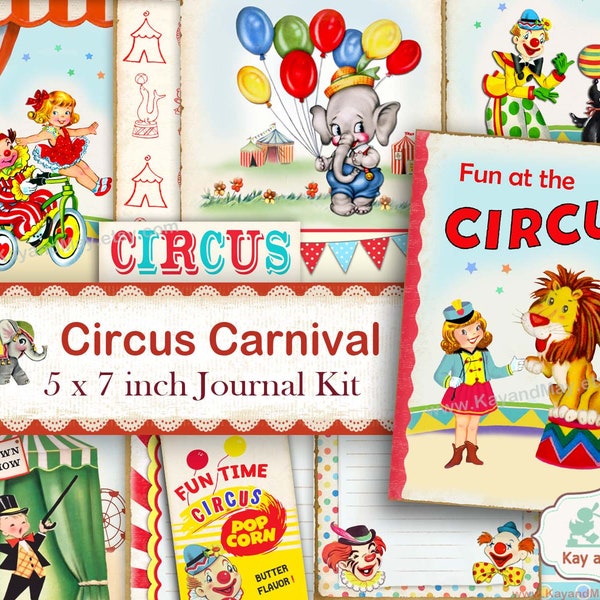 CIRCUS junk journal kit, carnival junk journal kit, circus journal pages, carnival journal pages, clowns, KayandMay digital download KM-137