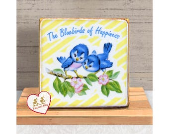The Bluebirds of Happiness Wood block handmade vintage style home decor sign WB-125
