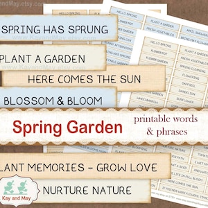 SPRING GARDEN printable words & phrases, garden theme, spring theme, flower theme, junk journal words, digital instant download KM-58