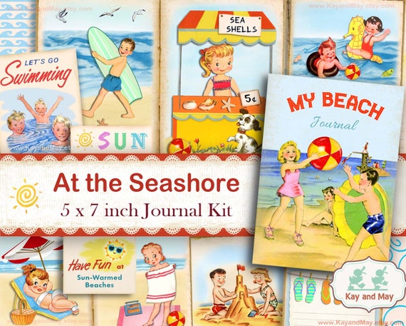 SUMMER printable junk journal kit, cute retro beach journal pages, seashore printable journal kit, KayandMay, digital instant download KM-44 Il_570xn