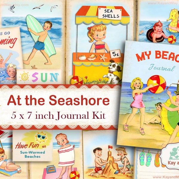 SUMMER printable junk journal kit, cute retro beach journal pages, seashore printable journal kit, KayandMay, digital instant download KM-44