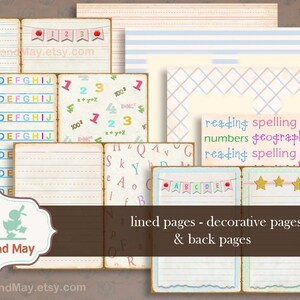 May include: A set of printable digital papers for scrapbooking or other craft projects. The papers feature a variety of designs, including lined pages, alphabet letters, numbers, and decorative borders. The papers are in a pastel color scheme with pink, blue, and yellow accents. The text "Kay and May" is included on the papers.