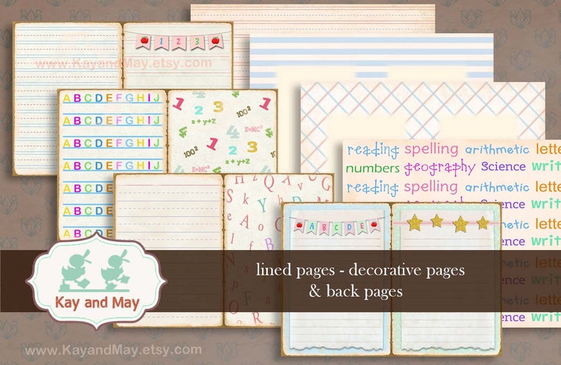 May include: A set of printable digital papers for scrapbooking or other craft projects. The papers feature a variety of designs, including lined pages, alphabet letters, numbers, and decorative borders. The papers are in a pastel color scheme with pink, blue, and yellow accents. The text "Kay and May" is included on the papers.