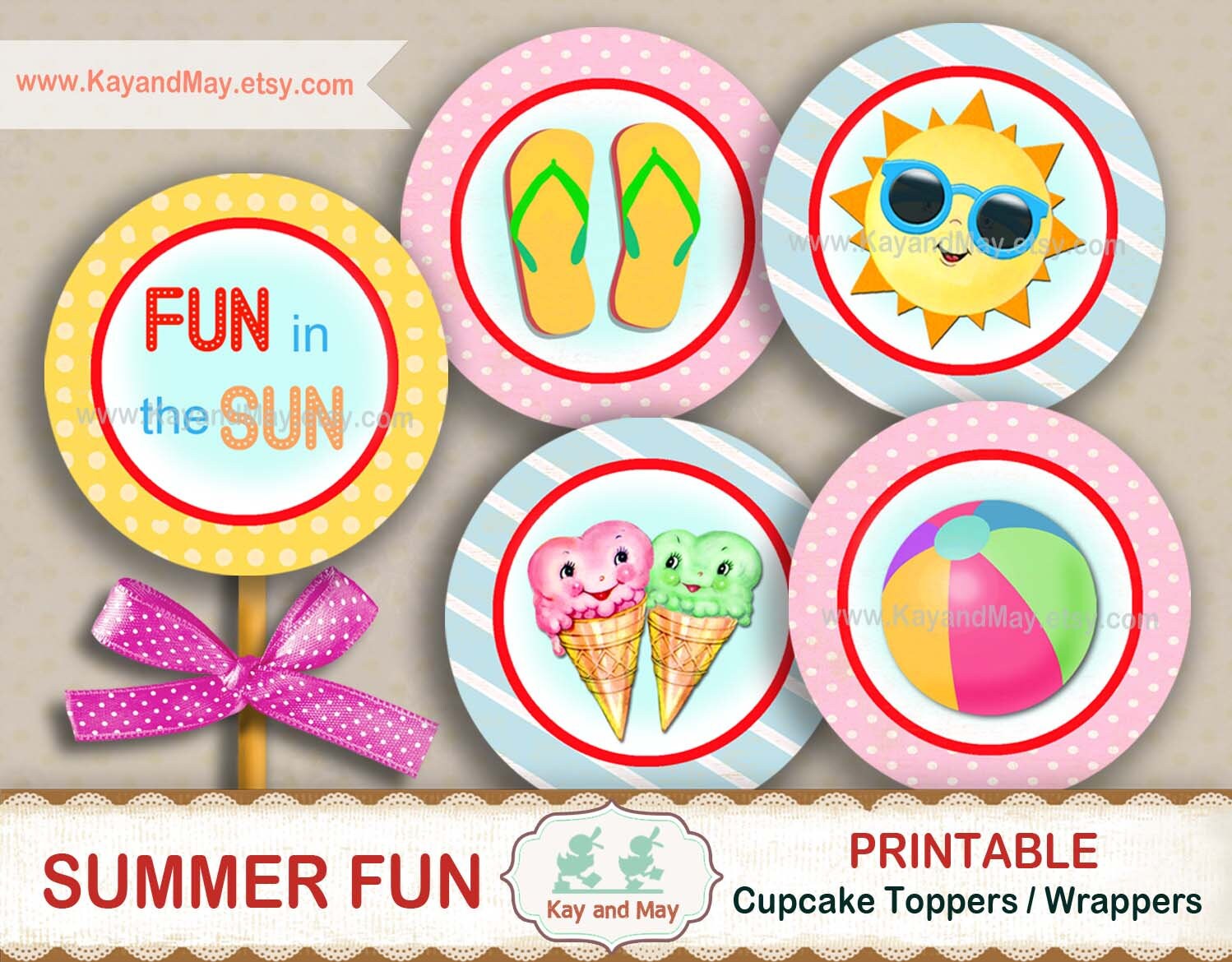 SUMMER cupcake toppers cupcake wrappers printable beach party toppers summer party cup cake toppers KayandMay digital