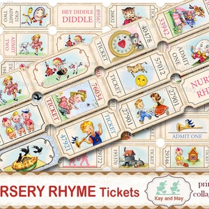 NURSERY RHYME tickets,  printable collage sheet of ticket strips, vintage retro journal embellishments, digital instant download KM-94