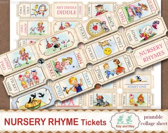 NURSERY RHYME tickets,  printable collage sheet of ticket strips, vintage retro journal embellishments, digital instant download KM-94