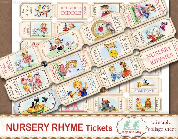 NURSERY RHYME tickets, printable collage sheet of ticket strips, vintage retro journal embellishments, digital instant download KM-94 Il_570xn