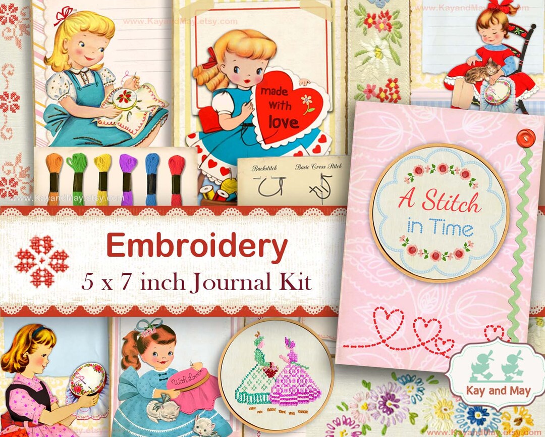 Embroidery Journal Kit Junk Journal Pages DIY Needlework Book Digital  Printable Ephemera Paper Craft Kit Instant Download KM-46 