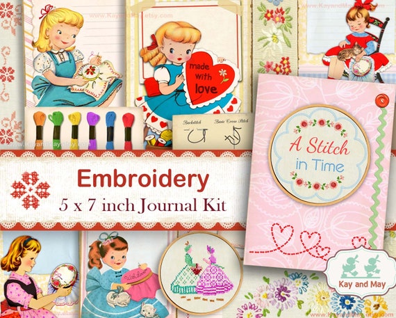 Embroidery journal kit - junk journal pages - DIY needlework book - digital printable ephemera paper craft kit - instant download KM-46 Il_570xn